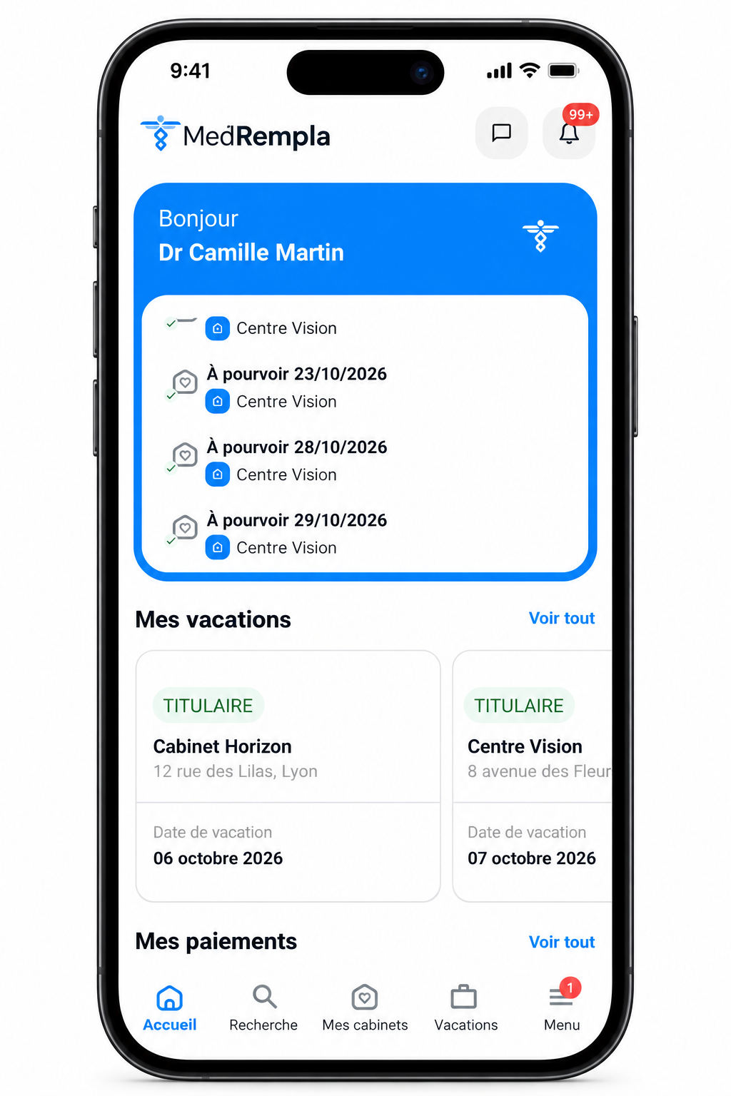 iPhone affichant Accueil de l’application MedRempla, aperçu avec noms fictifs