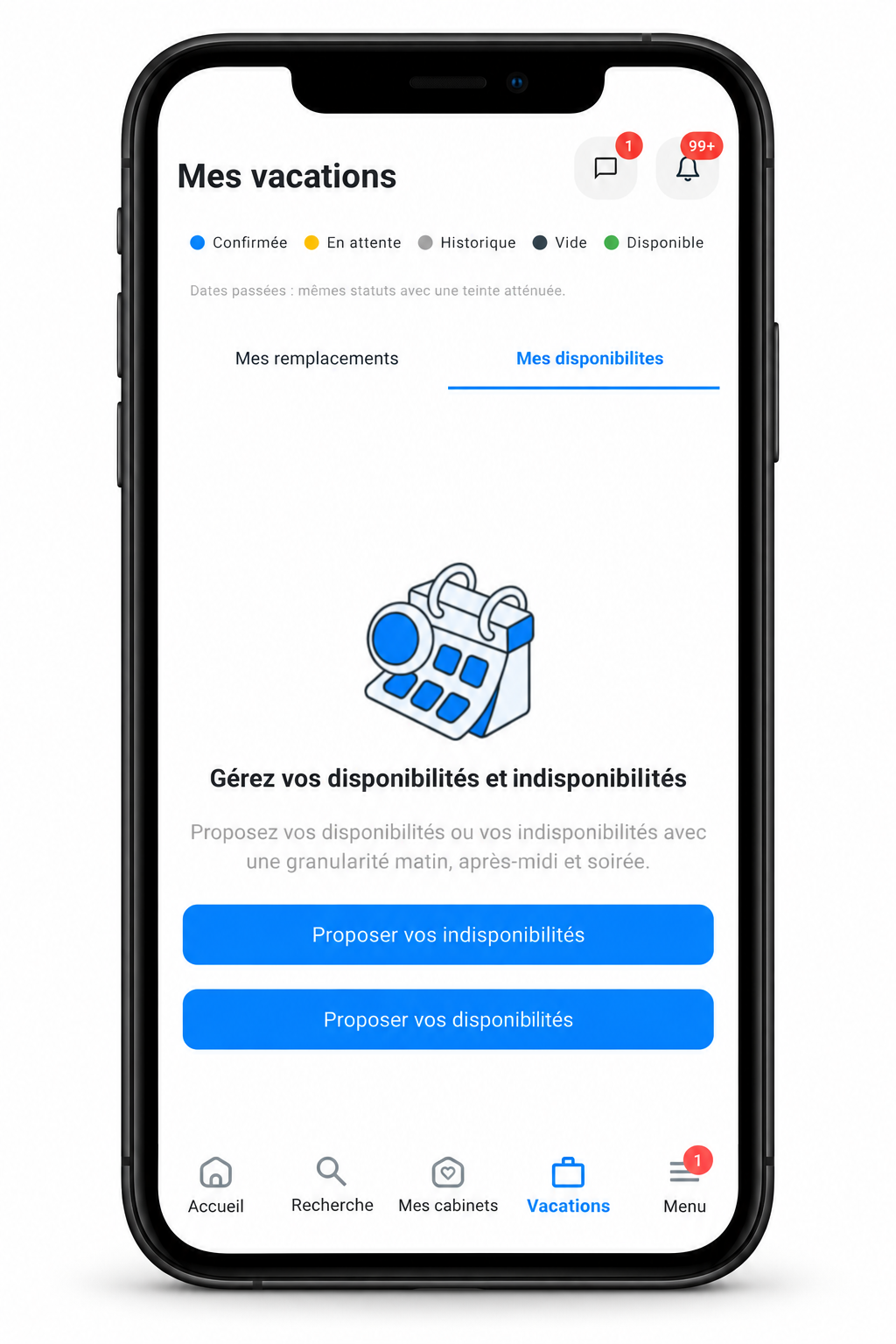 L’onglet Mes disponibilités avec les deux actions de proposition, présenté dans un iPhone avec des données fictives
