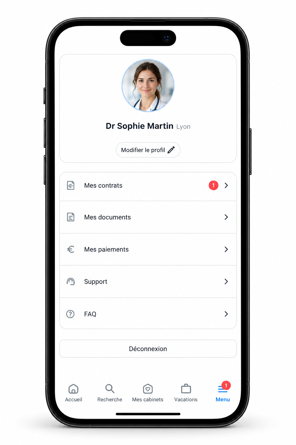 Le menu praticien avec le profil fictif Dr Sophie Martin, présenté dans un iPhone avec des données fictives