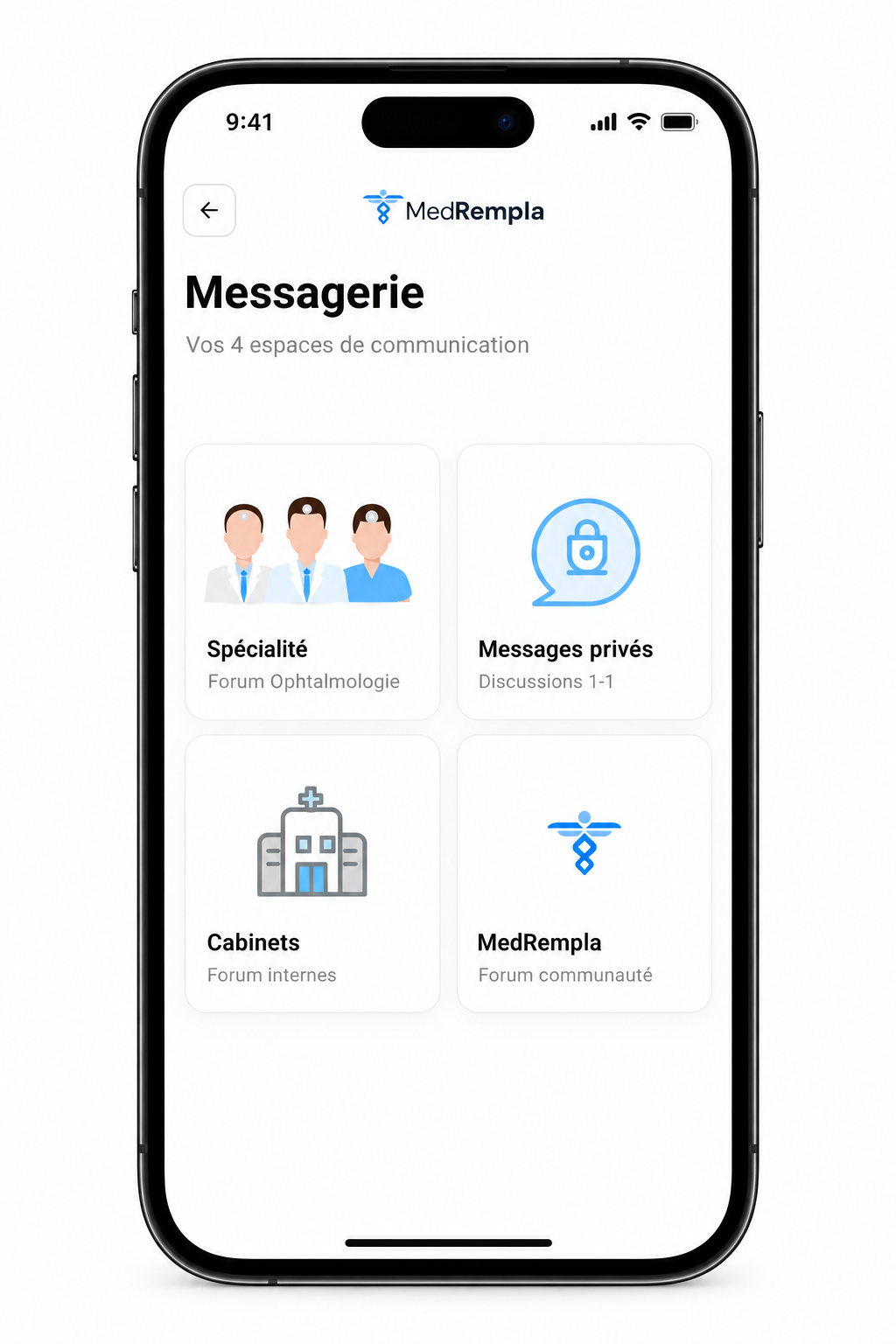 iPhone affichant Messages privés et trois types de forums, aperçu avec noms fictifs