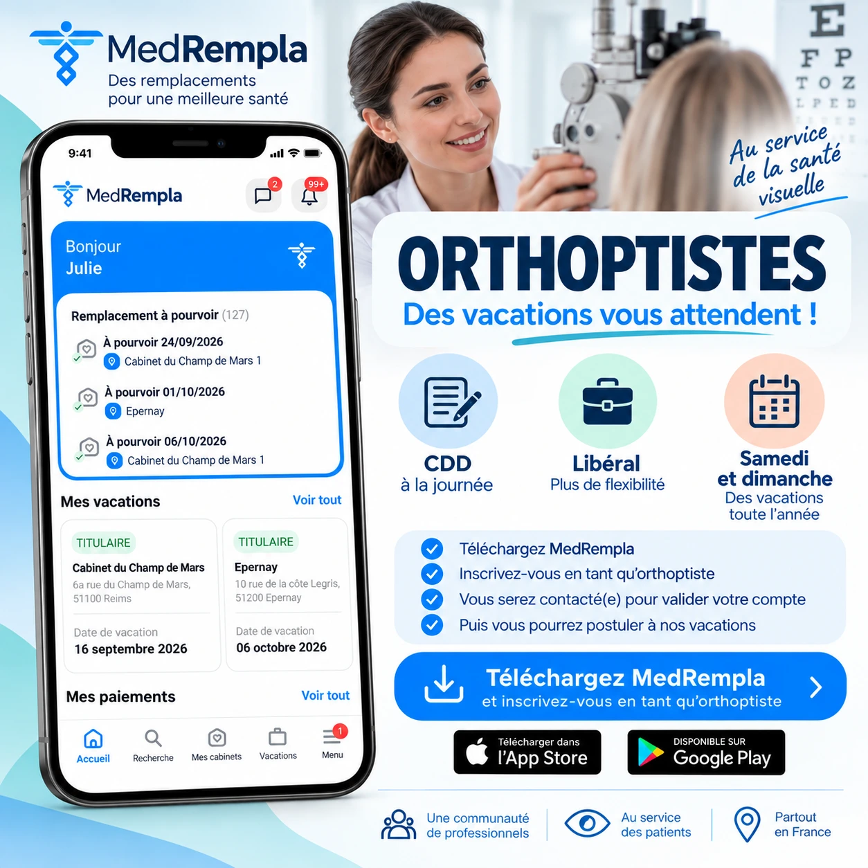 Visuel LinkedIn MedRempla : des vacations pour les orthoptistes
